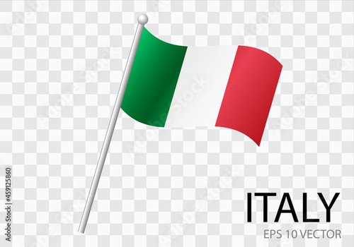 Flag of ITALY with flag pole waving in wind.Vector illustration