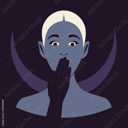 The scared woman covered her mouth her palm. Silence. Secrets and conspiracies. Censorship. Vector flat Illustration