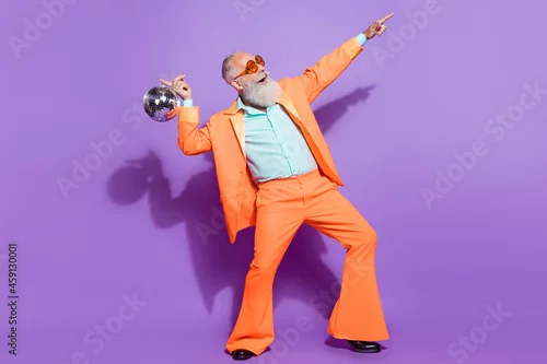 Obraz Full length photo of old positive happy man hold disco ball point look empty space isolated on purple color background