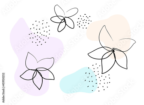 Modern background with continuous line art flowers, coloured fluid shapes and dots. Vector illustration for your design.