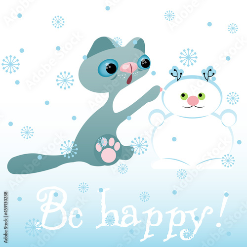 gray cat snowman winter snow snowflacke stickers surprise smile emotions pet
