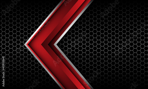 Abstract red silver arrow direction on grey hexagon mesh black design modern luxury futuristic technology vector background