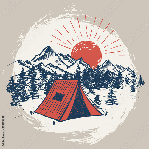 Mountain landscape, Sketch Camping in nature, vector illustrations.	

