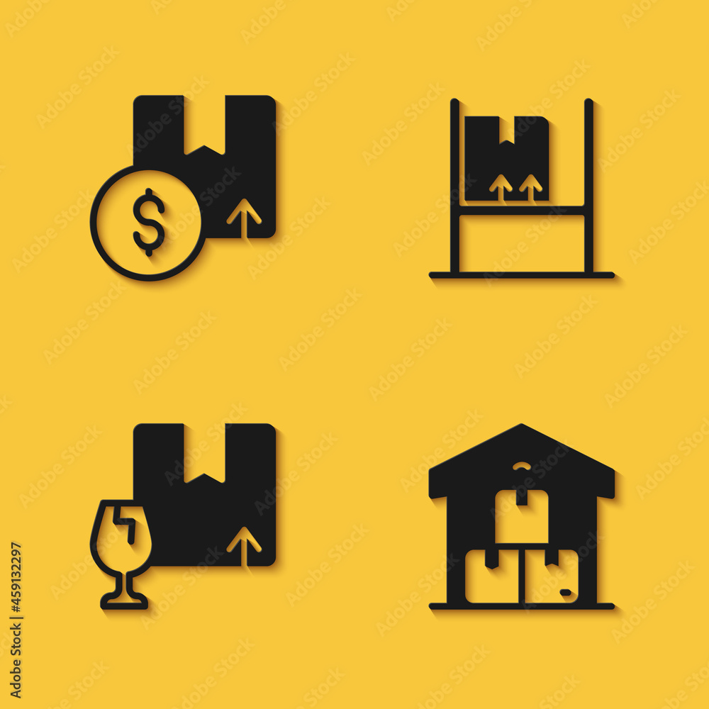 Set Carton cardboard box, Full warehouse, Package with fragile content and Warehouse interior boxes icon with long shadow. Vector Set Carton cardboard box, Full warehouse, Package with fragile content and Warehouse interior boxes icon with long shadow. Vector
