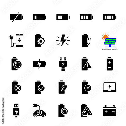 Battery and power icons, mobile charging, colors easily changed, vector illustration.
