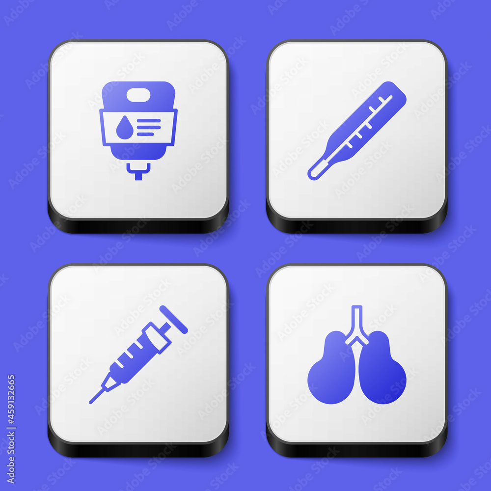 Set IV bag, Medical thermometer, Syringe and Lungs icon. White square button. Vector Set IV bag, Medical thermometer, Syringe and Lungs icon. White square button. Vector