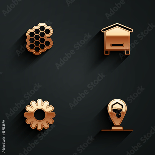 Set Honeycomb, Hive for bees, Flower and location icon with long shadow. Vector
