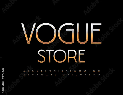 Vector stylish emblem Vogue Store. Elegant Golden Font. Luxury style Alphabet Letters and Numbers set