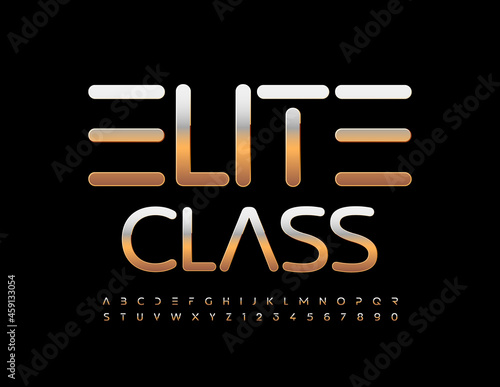 Vector premium sign Elite Class. Abstract style Font. Gold metallic Alphabet Letters and Numbers set