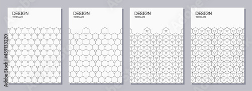 Set of flyers, posters, banners, placards, brochure design templates A6 size with hexagons ornaments. Graphic design for greeting, invitation cards. Vector white and gray backgrounds.