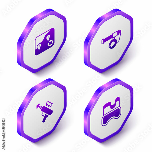 Set Isometric Location fishing, Fishing rod, harpoon and Diving mask icon. Purple hexagon button. Vector