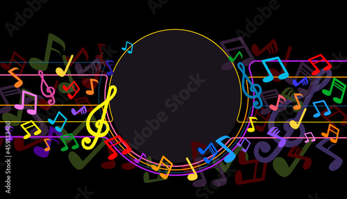 The abstract music notes on black background. Vector illustration of musical concept