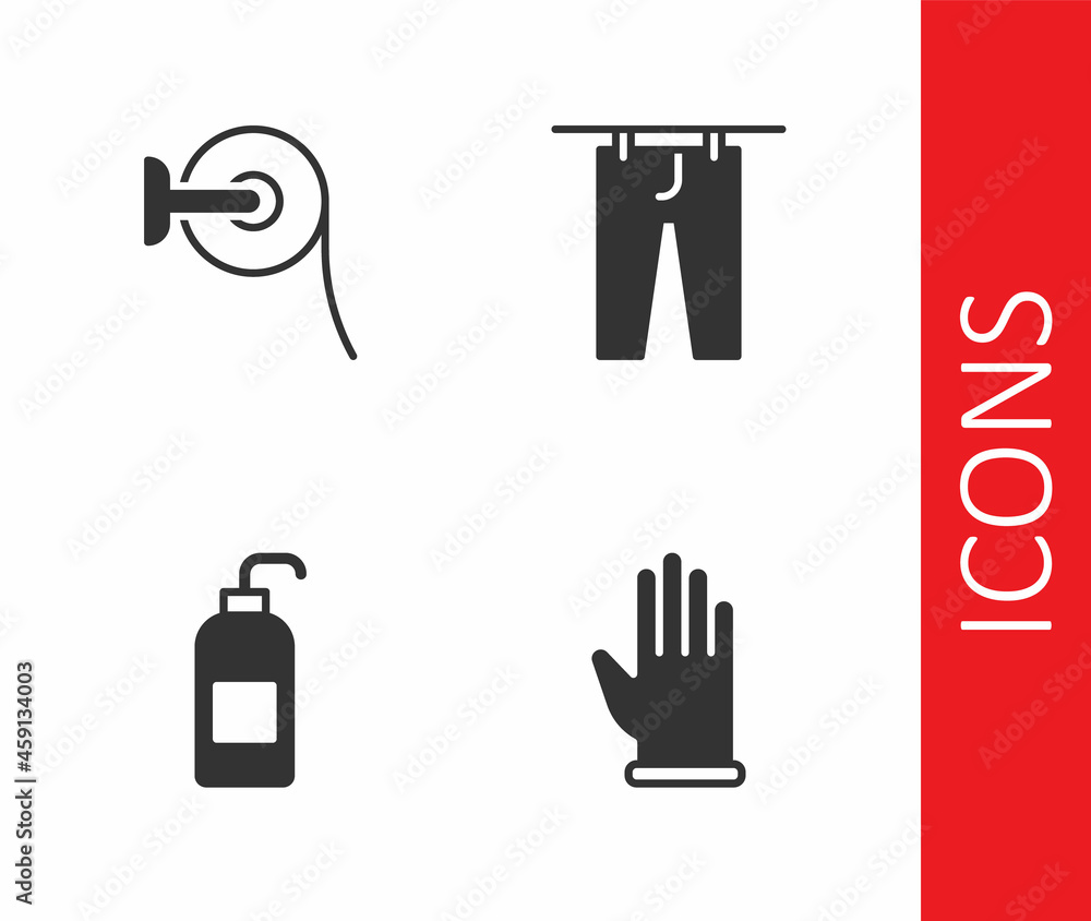 Set Rubber gloves, Toilet paper roll, Antibacterial soap and Drying clothes icon. Vector Set Rubber gloves, Toilet paper roll, Antibacterial soap and Drying clothes icon. Vector