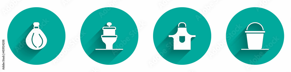 Set Garbage bag, Toilet bowl, Kitchen apron and Bucket icon with long shadow. Vector Set Garbage bag, Toilet bowl, Kitchen apron and Bucket icon with long shadow. Vector