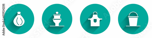 Set Garbage bag, Toilet bowl, Kitchen apron and Bucket icon with long shadow. Vector