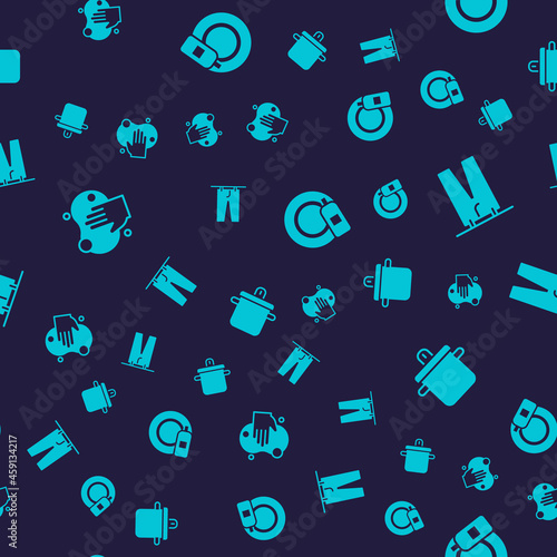 Set Sponge, Drying clothes, Dishwashing bottle and plate and Cooking pot on seamless pattern. Vector