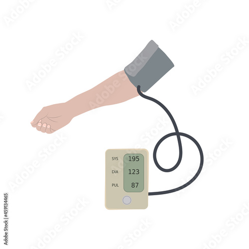 A hand and a tonometer with hypertension, high blood pressure. Flat vector medical illustration.