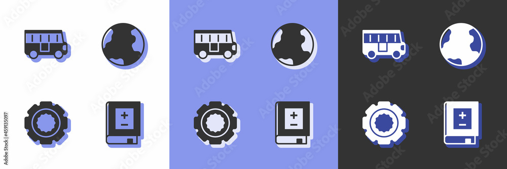 Set Book with mathematics, School Bus, Gear and Earth globe icon. Vector Set Book with mathematics, School Bus, Gear and Earth globe icon. Vector