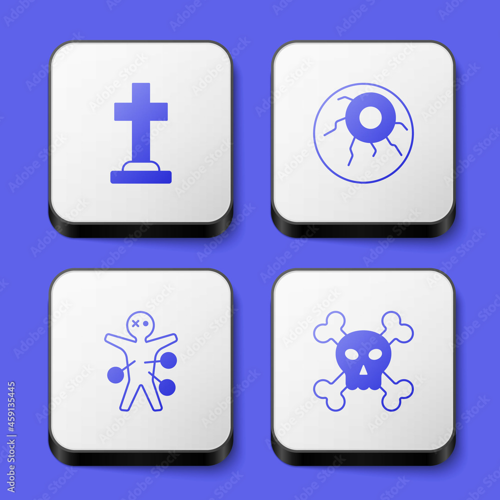 Obraz premium Set Tombstone with cross, Eye, Voodoo doll and Skull crossbones icon. White square button. Vector