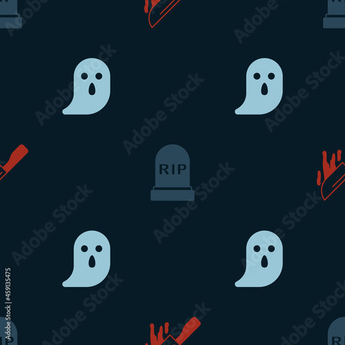 Set Bloody knife, Tombstone with RIP written and Ghost on seamless pattern. Vector