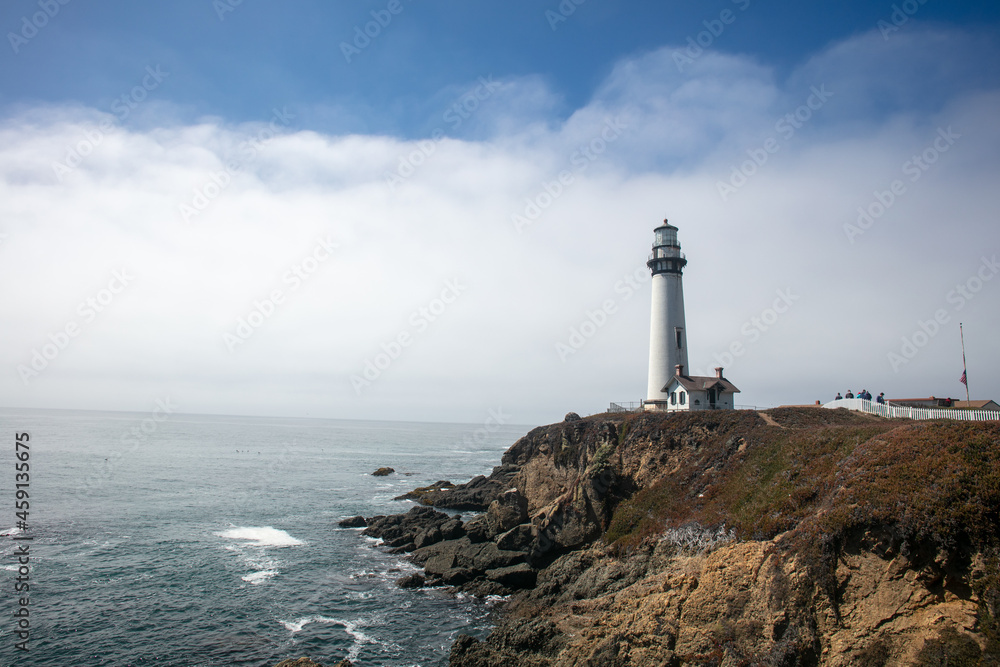 Pigeon Point Lighthouse on the California Coast Highway, 1 Pacific Coast Highway, on the California Coast with Clouds in the Background Pigeon Point Lighthouse on the California Coast Highway, 1 Pacific Coast Highway, on the California Coast with Clouds in the Background