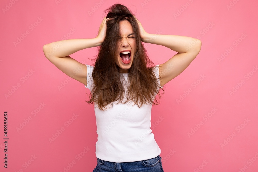 Photo shot of cute nice charming gorgeous attractive pretty youngster woman with beautiful brunette hair wearing white t-shirt for mockup isolated over colorful background with copy space and Photo shot of cute nice charming gorgeous attractive pretty youngster woman with beautiful brunette hair wearing white t-shirt for mockup isolated over colorful background with copy space and