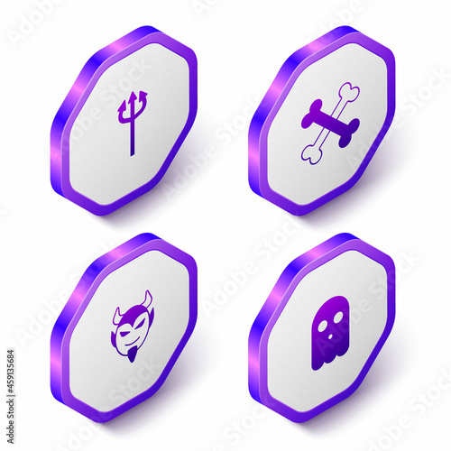 Set Isometric Trident devil, Crossed bones, Devil head and Ghost icon. Purple hexagon button. Vector