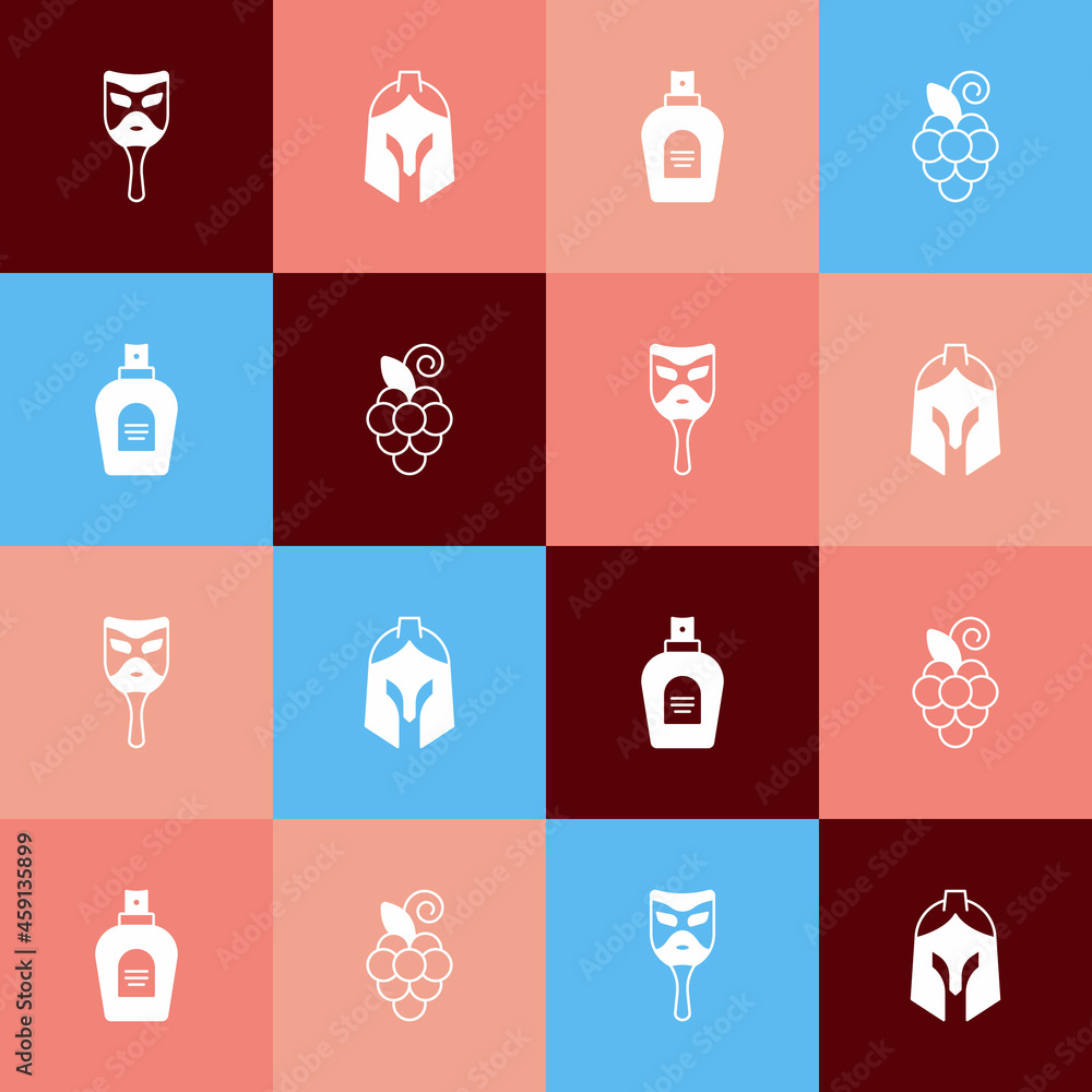 Set pop art Carnival mask, Roman army helmet, Perfume and Grape fruit icon. Vector Set pop art Carnival mask, Roman army helmet, Perfume and Grape fruit icon. Vector