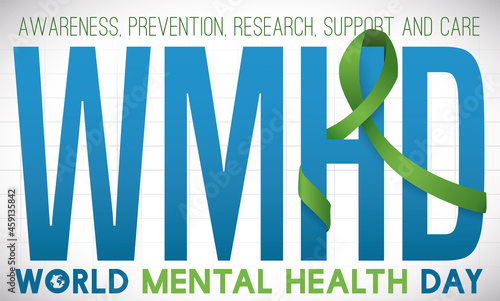 Acronym Sign with Green Ribbon for World Mental Health Day, Vector Illustration