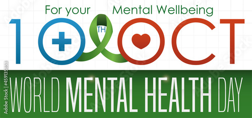 Green Ribbon Joining the Date of World Mental Health Day, Vector Illustration