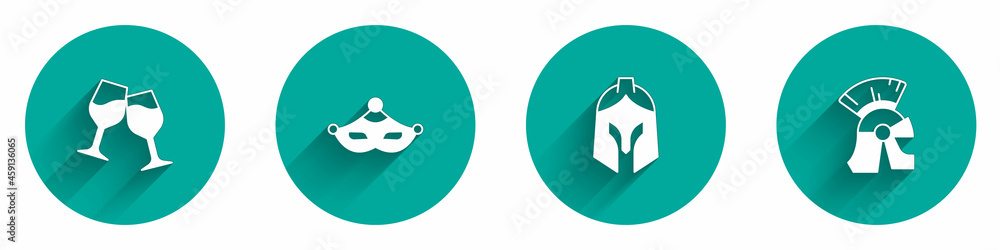 Set Wine glass, Carnival mask, Roman army helmet and icon with long shadow. Vector Set Wine glass, Carnival mask, Roman army helmet and icon with long shadow. Vector