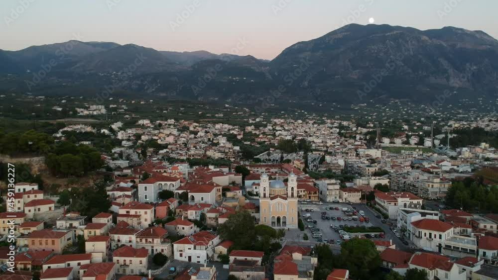 Aerial view around the Metropolitan church of Ypapanti and the castle hill of Kalamata, Greece Aerial view around the Metropolitan church of Ypapanti and the castle hill of Kalamata, Greece