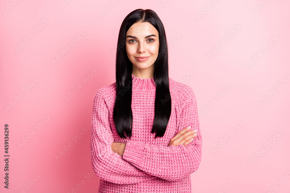 Fototapeta premium Photo portrait of woman with crossed arms isolated on pastel pink colored background