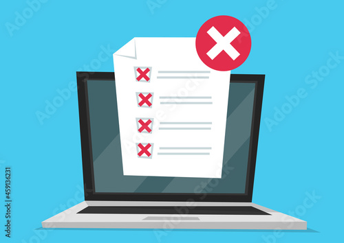 Flat design illustration of notebook with wrong answers on test, online  questionnaire results on screen. Computer laptop with online quiz form checklist on screen.