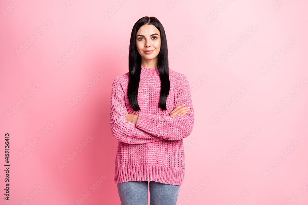 Portrait of satisfied attractive lady folded arms look camera wear pullover isolated on pink color background Portrait of satisfied attractive lady folded arms look camera wear pullover isolated on pink color background