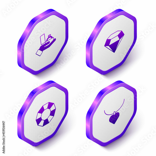 Set Isometric Diamond engagement ring in box, and Necklace with heart shaped icon. Purple hexagon button. Vector