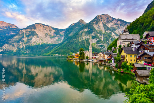 Scenic view of famous Hallstatt village and Hallstatter lake in the Austrian Alps