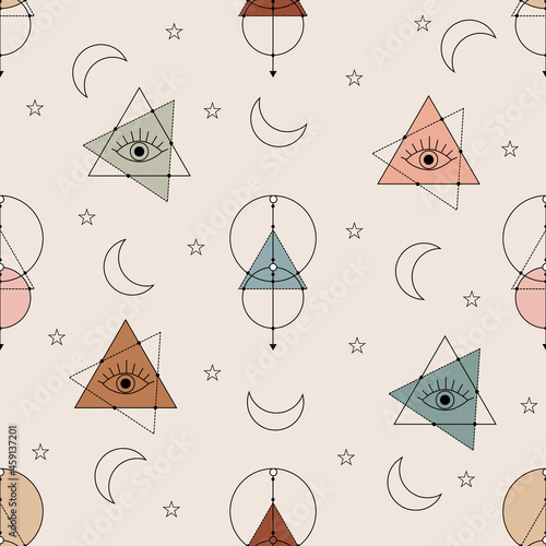 Vector seamless pattern with colorful alchemy and mystic signs eye, triangles, arrows, moons, stars, astrology symbols hand drawn in lines.