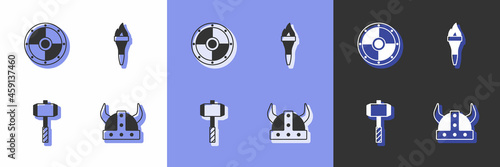 Set Viking in horned helmet, Round shield, Battle hammer and Torch flame icon. Vector