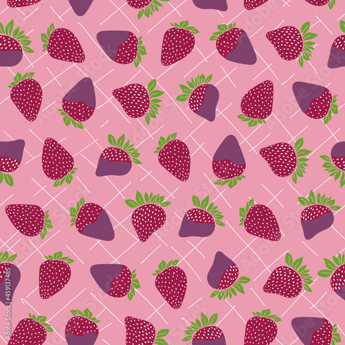 Vector pink purple strawberry cupcake seamless pattern background. Perfect for fabric, scrapbooking, wallpaper projects. 