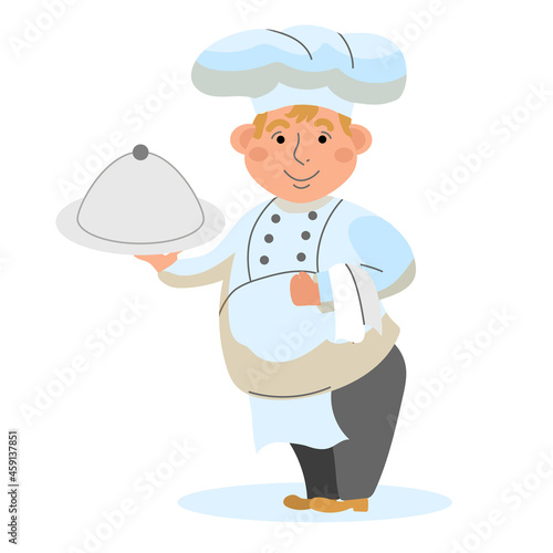 The chef is a full-length chef with a dish in his hand on a white isoliral background. Vector illustration in the style of cartoons