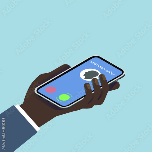 Isometric black hand with smartphone. Phone call. Incoming call. A call from an unknown subscriber. Unknown caller. Contact icon on the screen. Blue background.