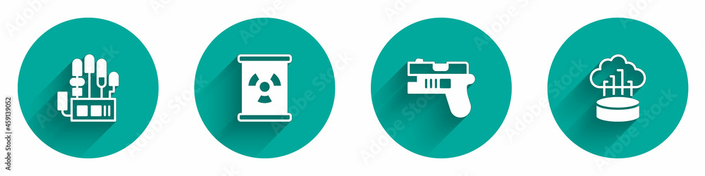 Set Mechanical robot hand, Radioactive waste in barrel, Futuristic weapon and Network cloud connection icon with long shadow. Vector Set Mechanical robot hand, Radioactive waste in barrel, Futuristic weapon and Network cloud connection icon with long shadow. Vector