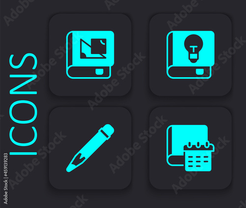 Set Daily paper notepad, Book about geometry, User manual and Pencil with eraser icon. Black square button. Vector
