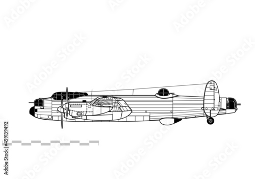 Avro Lancaster. Vector drawing of WW2 heavy bomber. Side view. Image for illustration and infographics. 