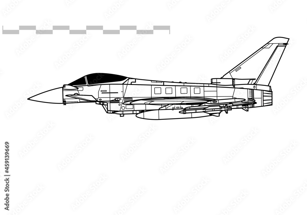 Eurofighter Typhoon. Vector drawing of multirole fighter. Side view. Image for illustration and infographics. Eurofighter Typhoon. Vector drawing of multirole fighter. Side view. Image for illustration and infographics.
