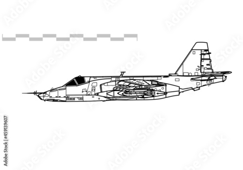 Sukhoi Su-25 Grach. Frogfoot. Vector drawing of close air support aircraft. Side view. Image for illustration and infographics.