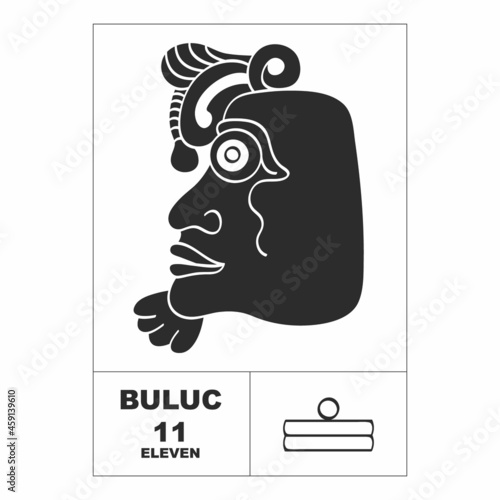 Vector icon with Mayan numerals. Mayan head glyph Buluc and maya symbol number eleven