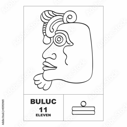Vector icon with Mayan numerals. Mayan head glyph Buluc and maya symbol number eleven