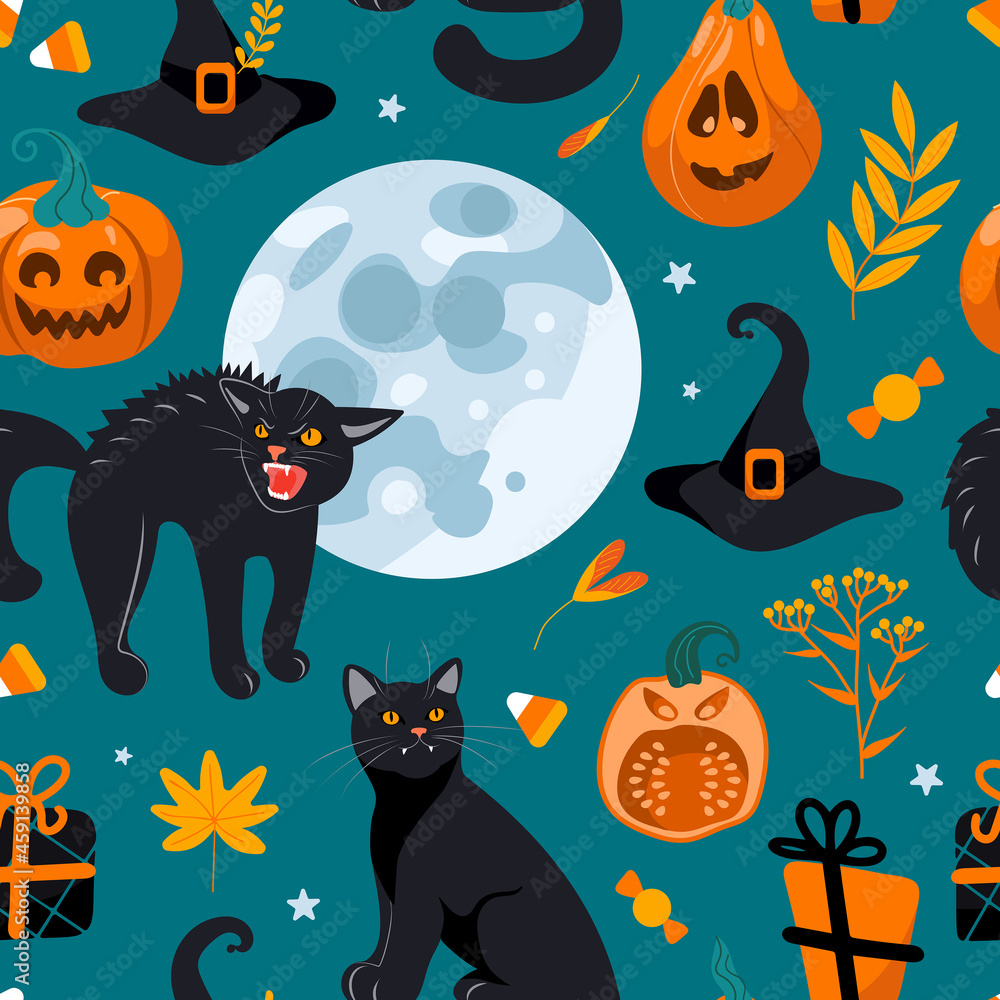 Halloween seamless pattern Black cat, full moon, witch hat, gifts, candy. On a green background. Bright illustration in cartoon style. For nursery, wallpaper, printing on fabric, wrapping, background. Halloween seamless pattern Black cat, full moon, witch hat, gifts, candy. On a green background. Bright illustration in cartoon style. For nursery, wallpaper, printing on fabric, wrapping, background.
